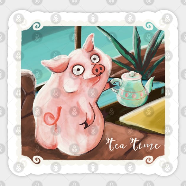 Tea Time with the pig Sticker by Mimie20